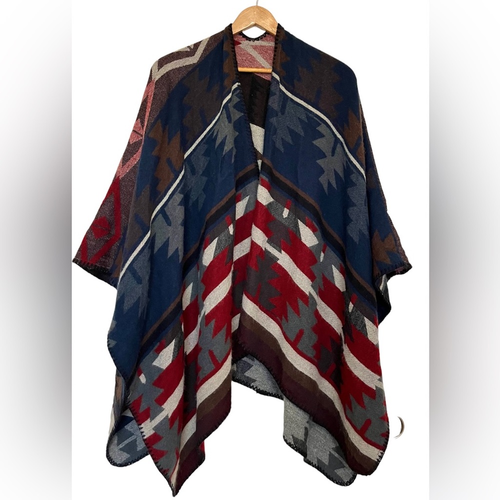 Southwestern Aztec Poncho Wrap Cape Earth Tones One Size